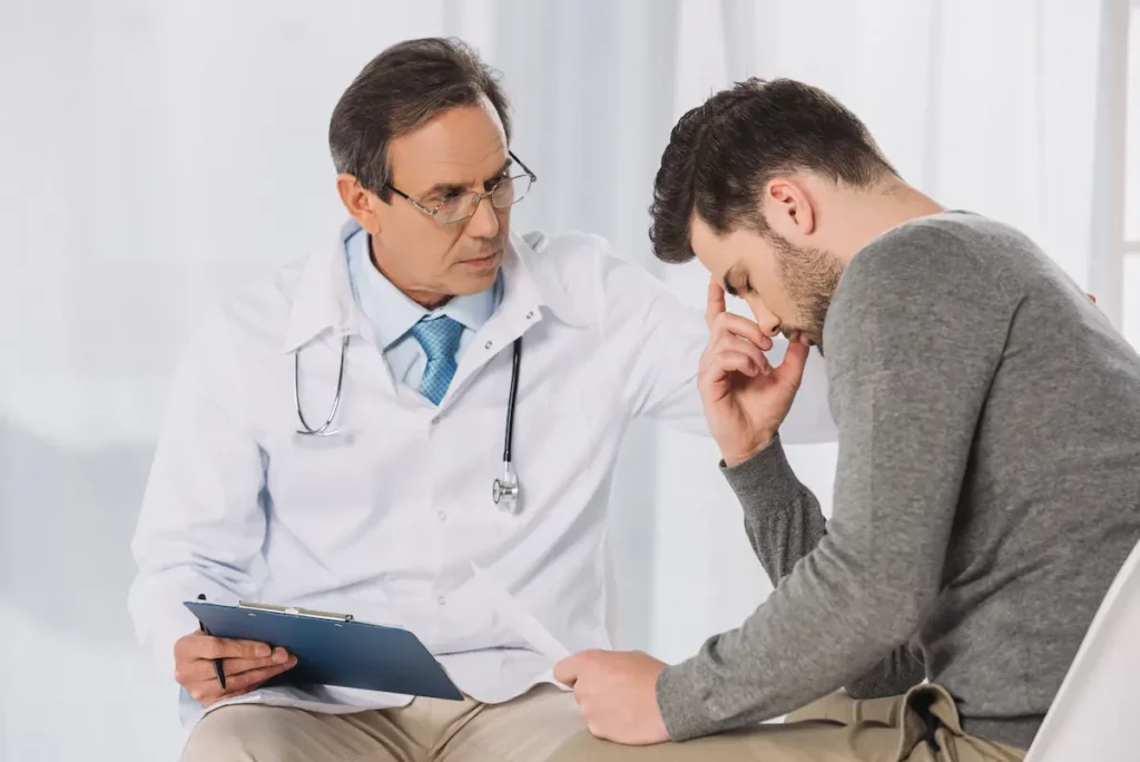 A man sees his doctor to discuss his mental health.