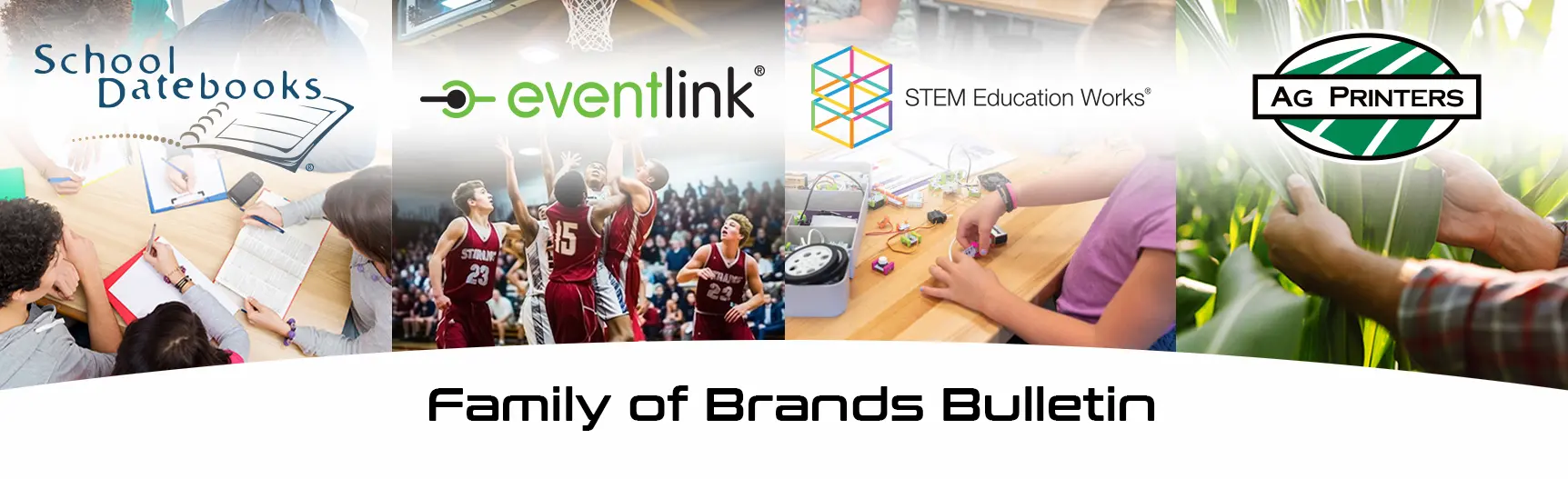SDI Hero Image SDI Innovations Family of Brands Bulletin featuring the logos of School Datebooks, Eventlink, STEM Education Works, and Ag Printers