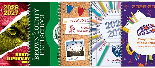 Four covers of 2026-2027 planners for various schools.