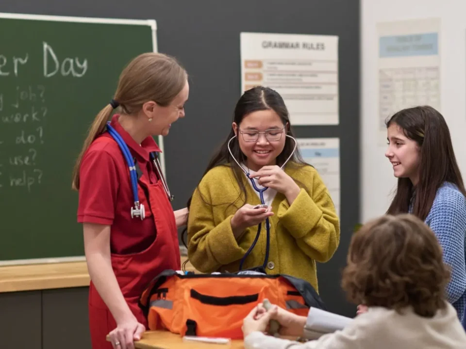 Female paramedic introducing careers in the medical field to a classroom of students.