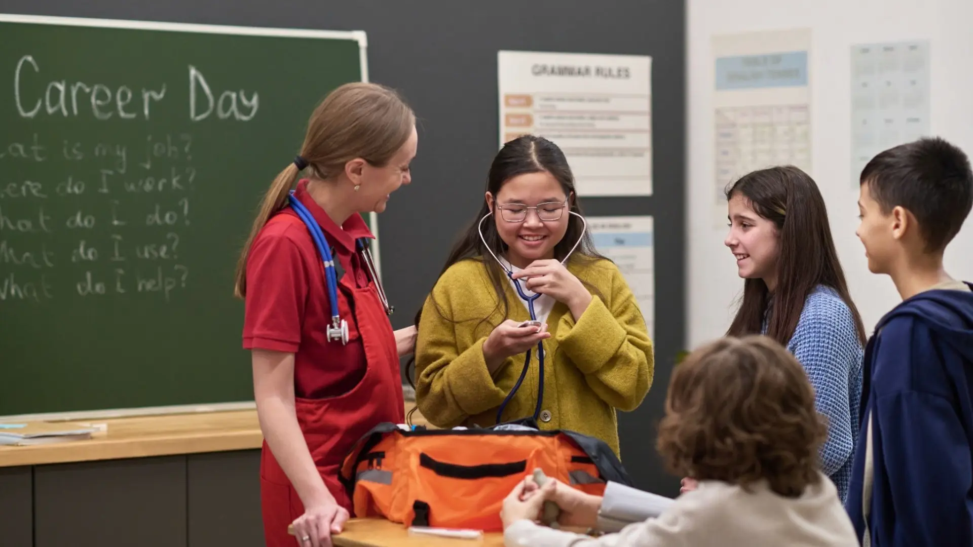 Female paramedic introducing careers in the medical field to a classroom of students.