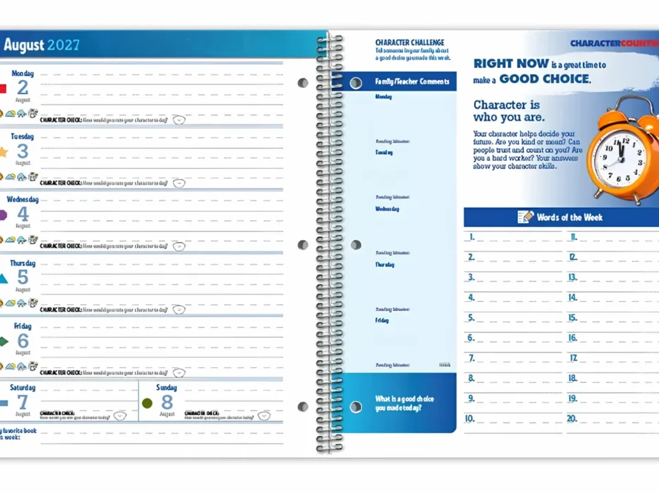 CHARACTER COUNTS!® planner that includes the days of the week and a character challenge on the other side of the page.