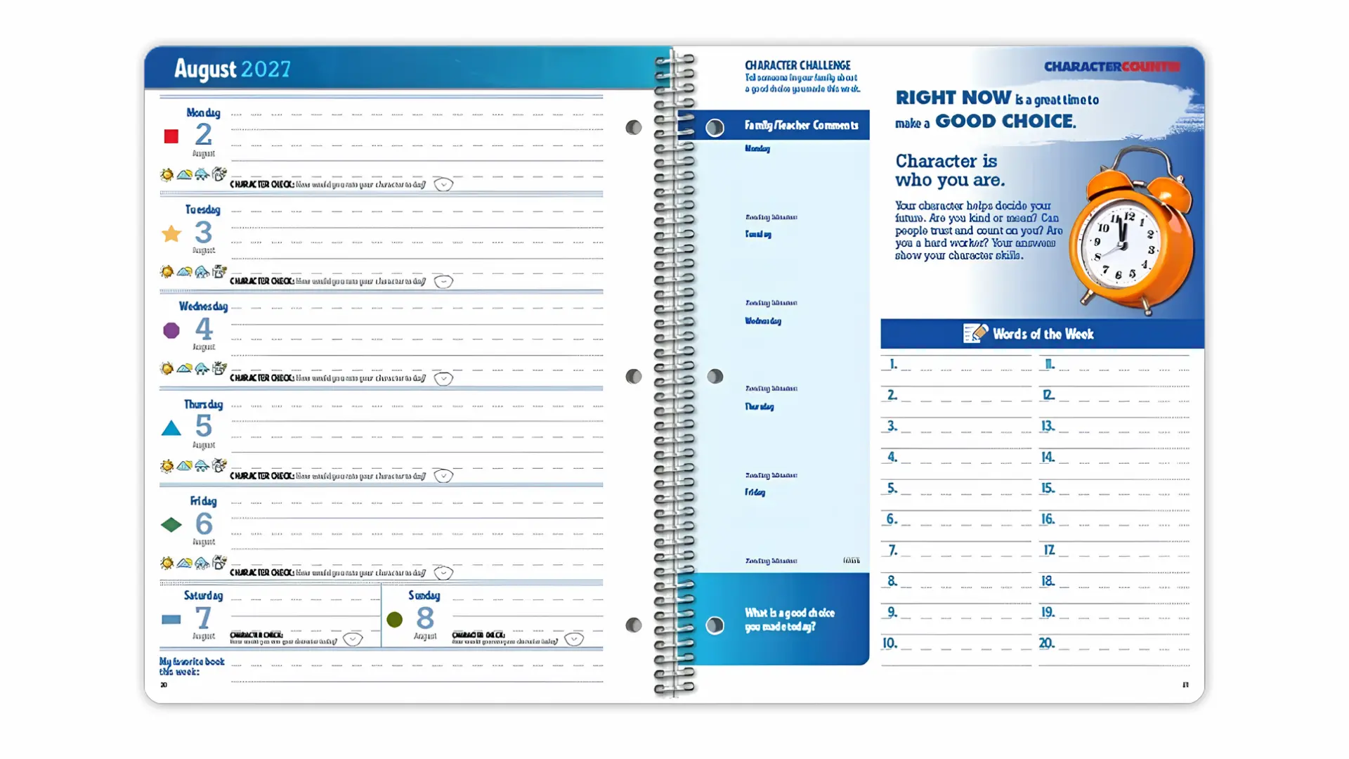 CHARACTER COUNTS!® planner that includes the days of the week and a character challenge on the other side of the page.